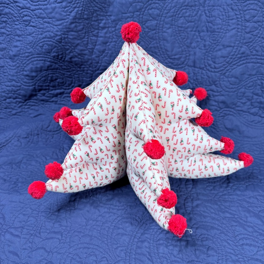Handmade Christmas Tree Candy Cane Print Red Pom Poms Tabletop Decor 10in Read - Picture 2 of 6